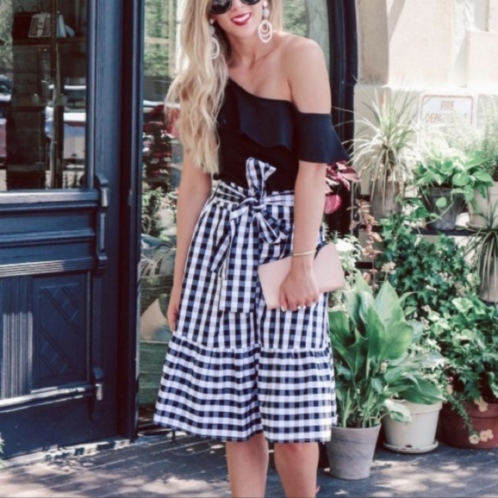 J. Crew Black and White Plaid Tie Waist Midi Skirt